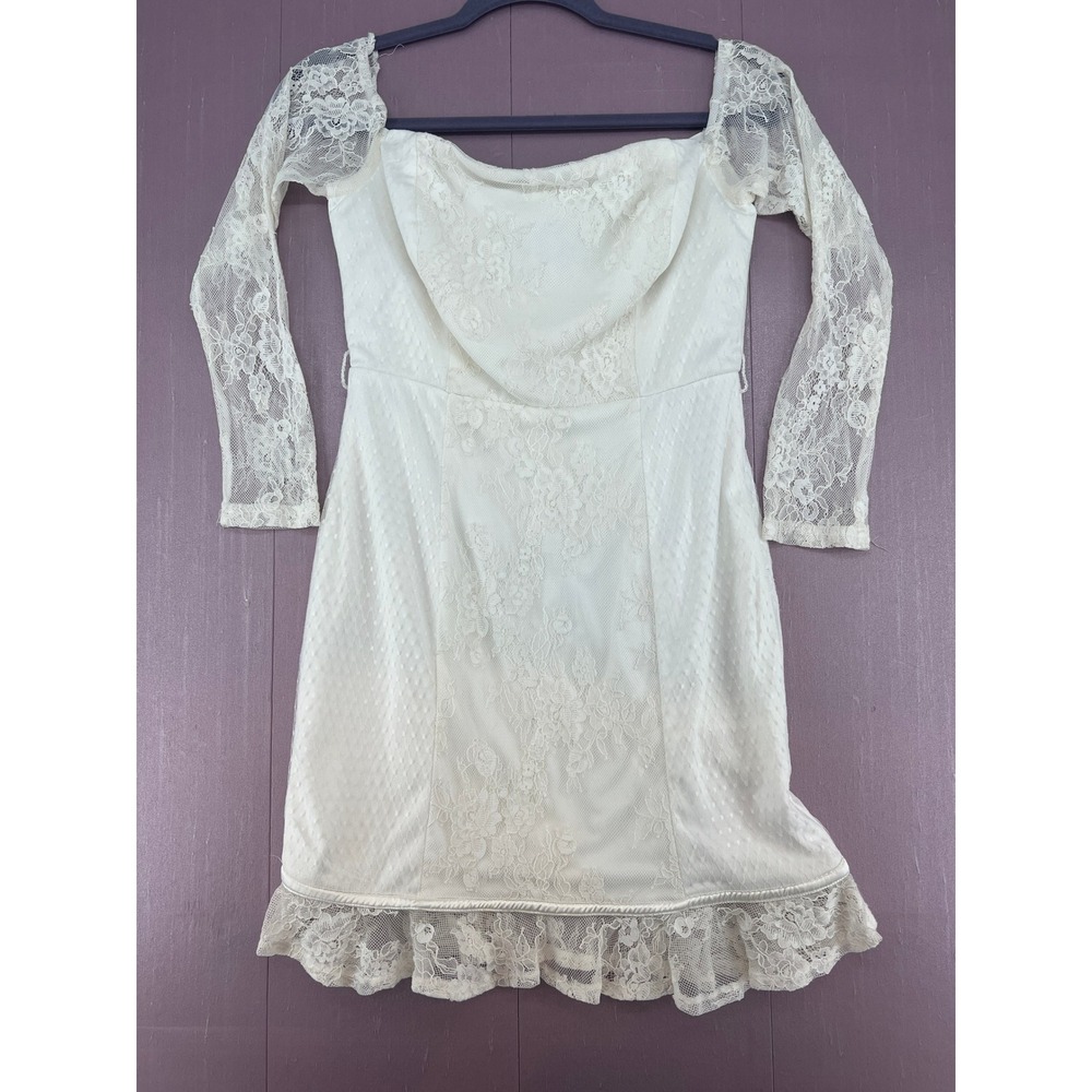 White Lace Coquette Off Shoulder Whimsy Long Sleeve Mini Dress Floral Fairy Sz M